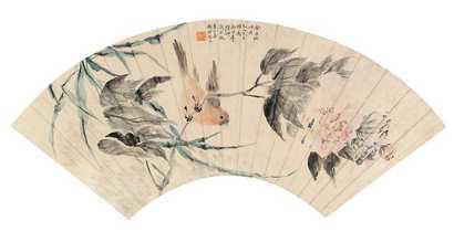 陆抑非 1943年作 花鸟扇面 扇面